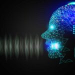 An outline of a face made with lights with sound waves coming out of the mouth showing the Dubbing & Lip Sync model