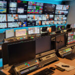 A wall with lots of monitors and computers in front