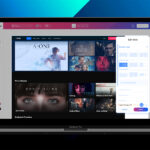 A laptop showing a webpage for a streaming service with Accedo assistance. The laptop is in front of a blue background