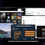 Several computer screens and a computer in front of a blue background showing ThinkMediaAI