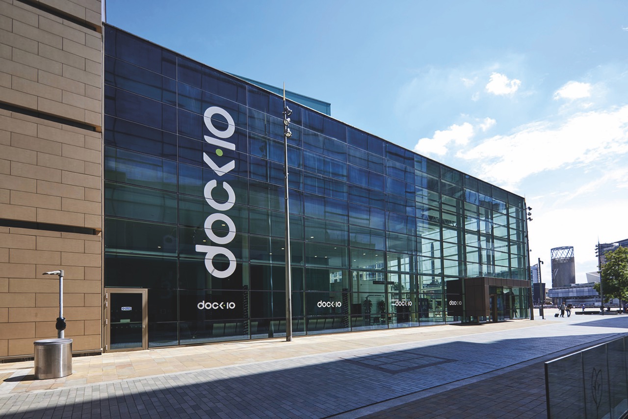 MediaCityUK waterfront development of Salford Quays in Gtr Manchester Exterior of a modern glass building called Dock 10