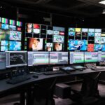 A large room with multiple monitors both attached the wall and sitting on the desk