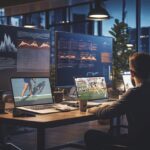 People sit at a desk with laptops and large monitors doing work as sun sets outside the window