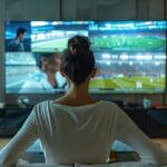 A woman facing away from the camera, watching a TV