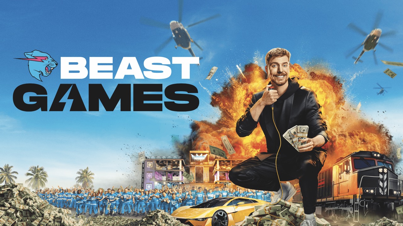 The poster for "Beast Games" with a man standing on a city with an explosion behind him