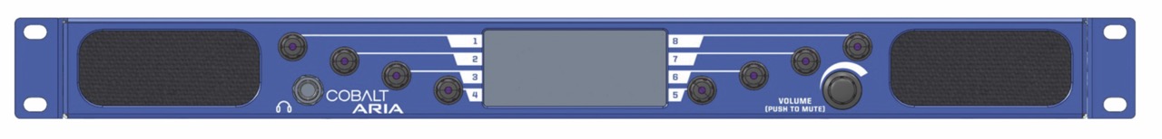 A thin blue device with numerous buttons and dials