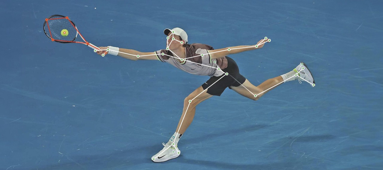 A woman playing tennis on a blue court. She stretches towards a ball with her rack. Lines overlay her body