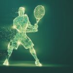 A green simulation of a man holding a tennis racket. The man is made of pixels and is slowly fading away