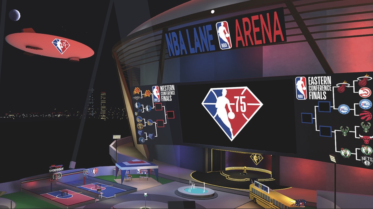 A virtual arena with small basketball courts and pavilions set up