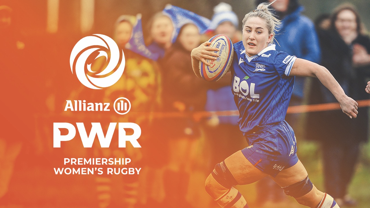 A woman in blue running with a rugby ball. A sponsorship logo overlays the image