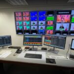 A broadcasting studio with a large desk with multiple monitors on