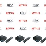An advertisement with a repeated image of a streaming box and a remote in a row and the logo for MBC and Netflix in an alternating pattern above