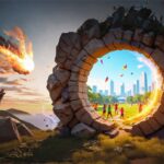 A game animation from Zero Density showing a dinosaur standing next to a portal